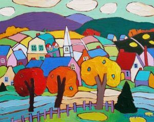 Terry Ananny - Fall Countryside steeple village town autumn whimsical painting landscape