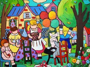 Terry Ananny - Garden Party whimsical children playing birthday painting colourful