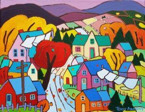 Terry Ananny - Gatineau Hills fall autumn houses quebec painting whimsical landscape