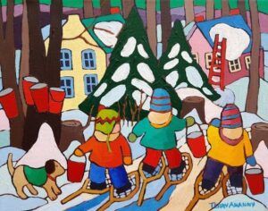 Terry Ananny - Maple Syrup Time winter playing snowshoe dog whimsical painting
