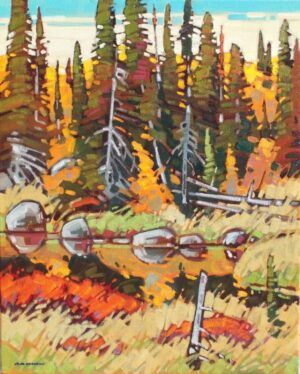 Cameron Bird - Backwater Evening landscape trees water back country painting
