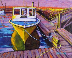 Doug Crook - First Light yellow boat dock painting