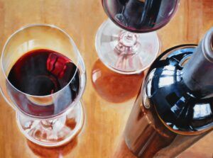 Carl Schlademan - Making a Statement wine bottle glass table top painting