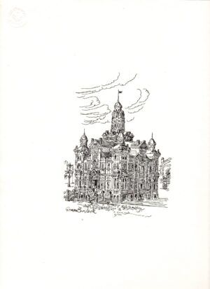 Roman Swiderek - Gingerbread House, Old City Hall winnipeg ink drawing