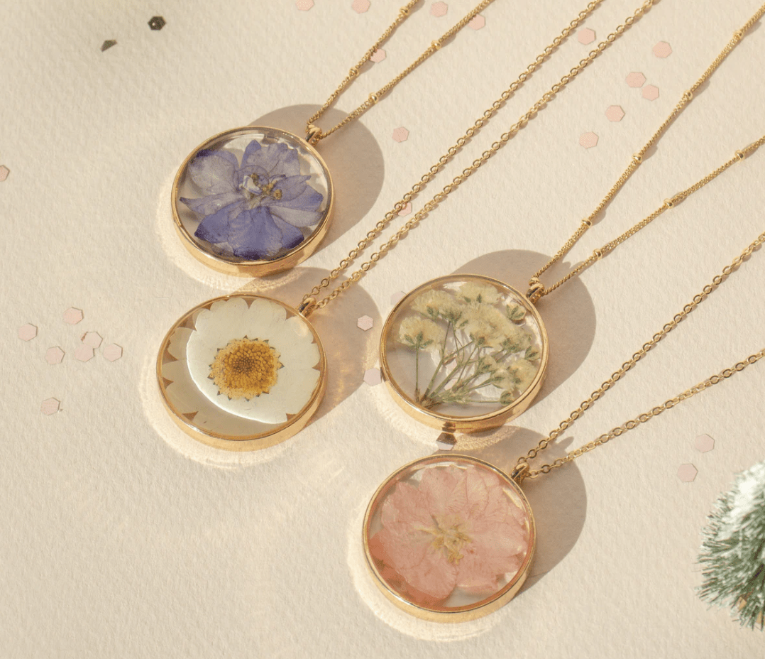 Round Pressed Pink Flower Necklace (Sterling Silver) - 22
