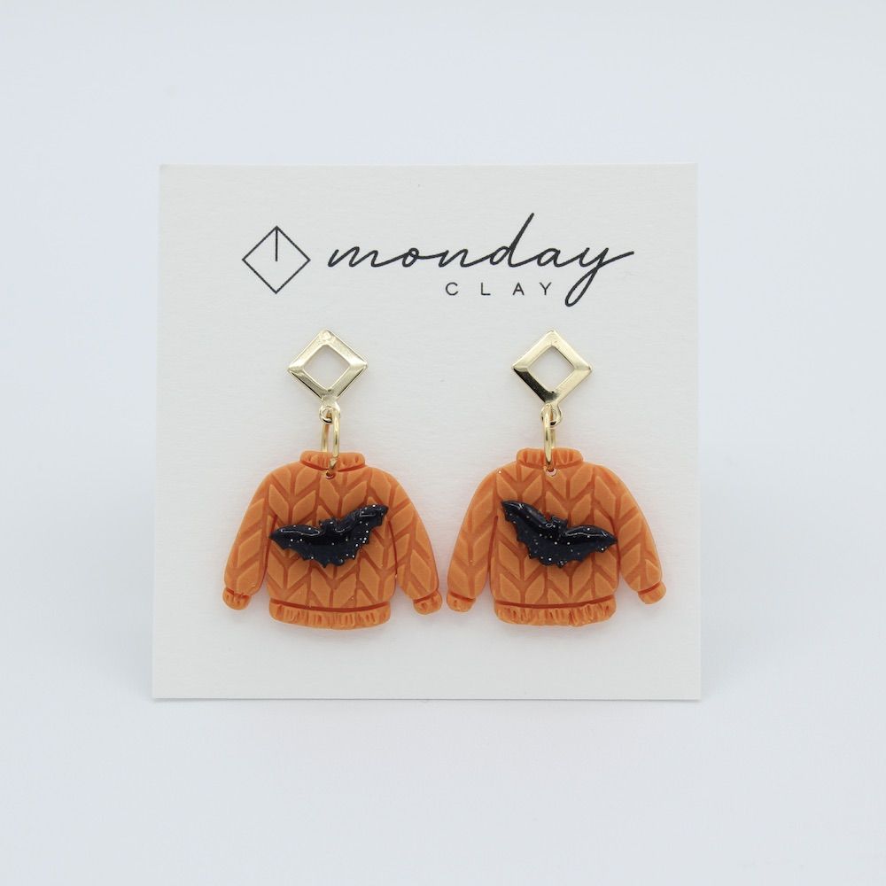 Bat on Orange Sweater Dangles