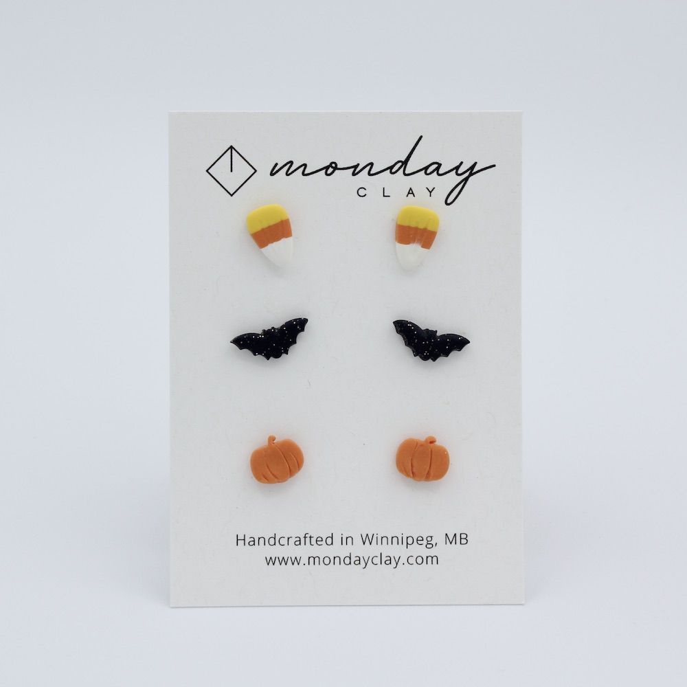 Halloween Studs (x3) Candy Corn, Bat, Pumpkin