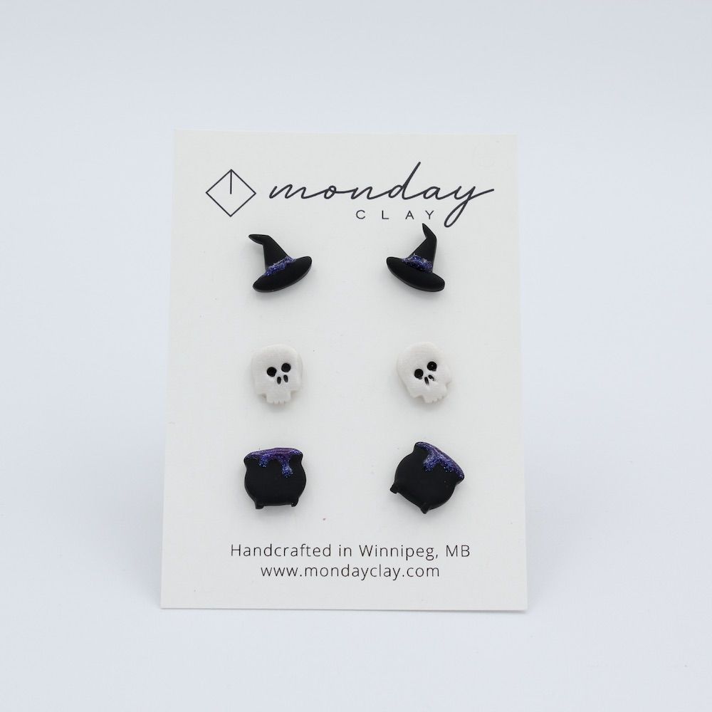Halloween Studs (x3) Witch, Skull, Cauldron