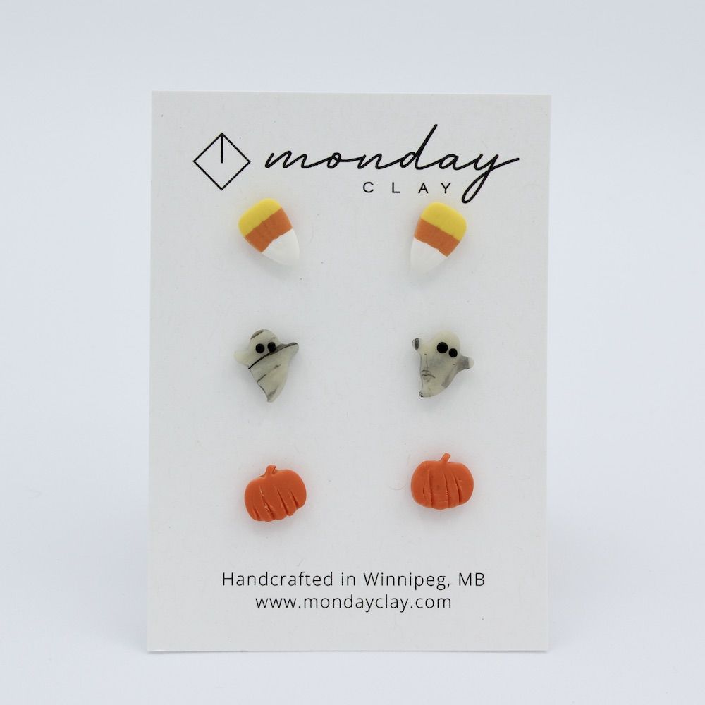 Halloween Studs (x3) Candy Corn, Ghost, Pumpkin
