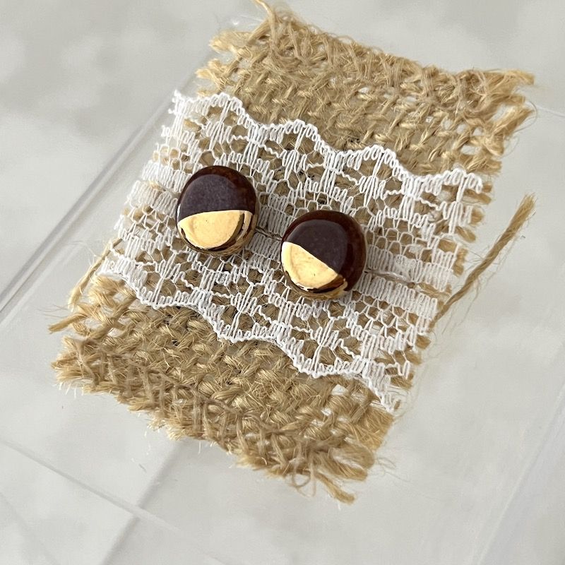 Ceramic Stud Earrings - Burgundy/Gold